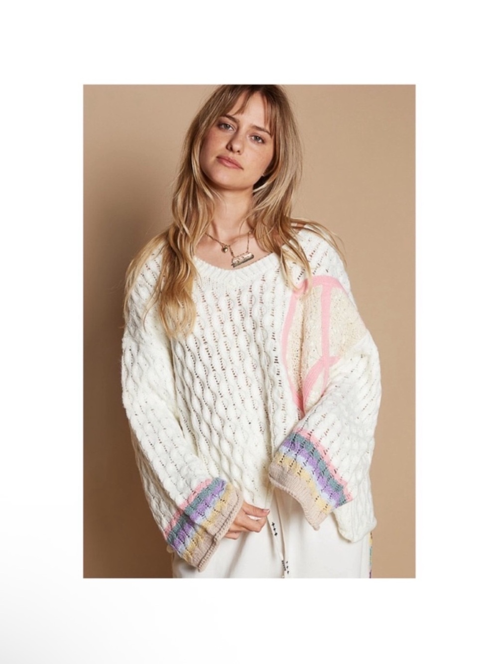POL Open Crochet Peace Sign Sweater in Ivory